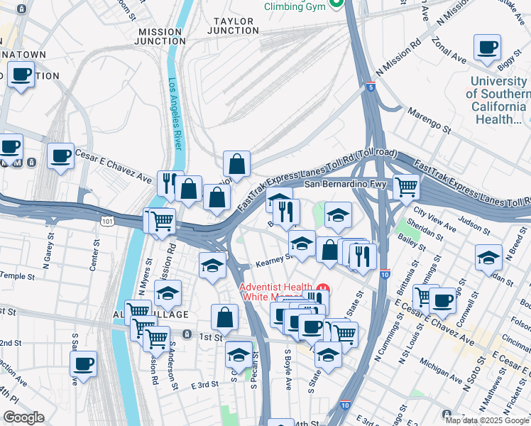 map of restaurants, bars, coffee shops, grocery stores, and more near 571 Fairview Avenue in Los Angeles