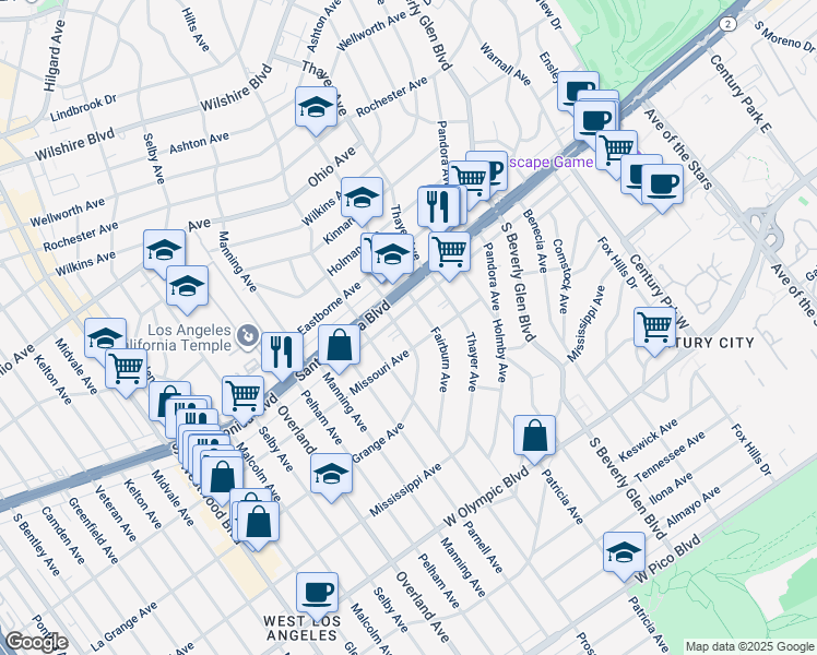 map of restaurants, bars, coffee shops, grocery stores, and more near 1830 Westholme Avenue in Los Angeles