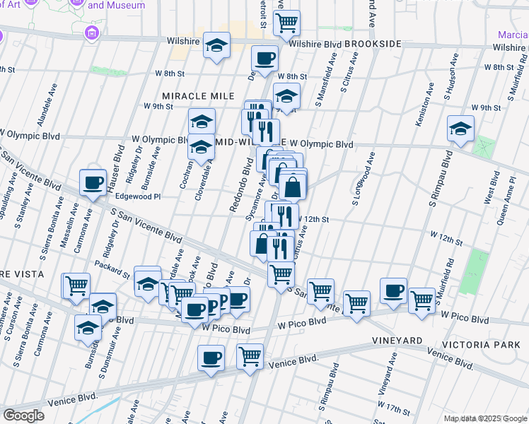 map of restaurants, bars, coffee shops, grocery stores, and more near 1213 South Orange Drive in Los Angeles
