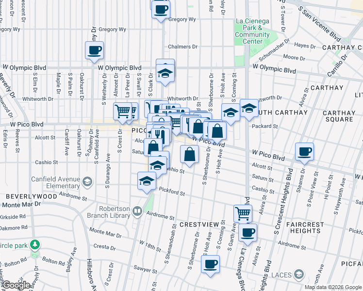 map of restaurants, bars, coffee shops, grocery stores, and more near 1442 South Shenandoah Street in Los Angeles
