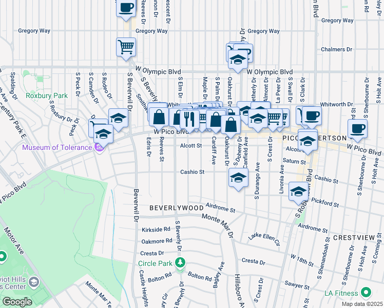 map of restaurants, bars, coffee shops, grocery stores, and more near 1477 Glenville Drive in Los Angeles