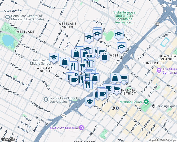 map of restaurants, bars, coffee shops, grocery stores, and more near 629 South Bixel Street in Los Angeles