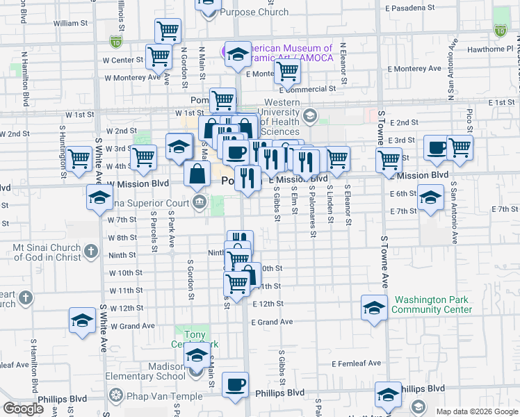 map of restaurants, bars, coffee shops, grocery stores, and more near 200 East 7th Street in Pomona