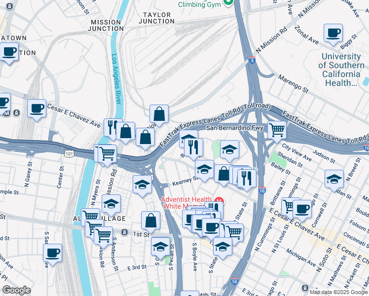 map of restaurants, bars, coffee shops, grocery stores, and more near 1400 Bridge Street in Los Angeles