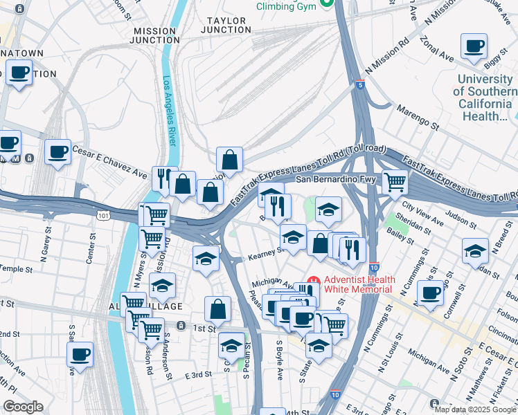 map of restaurants, bars, coffee shops, grocery stores, and more near 1400 Bridge Street in Los Angeles
