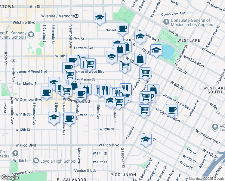 map of restaurants, bars, coffee shops, grocery stores, and more near 977 Arapahoe Street in Los Angeles