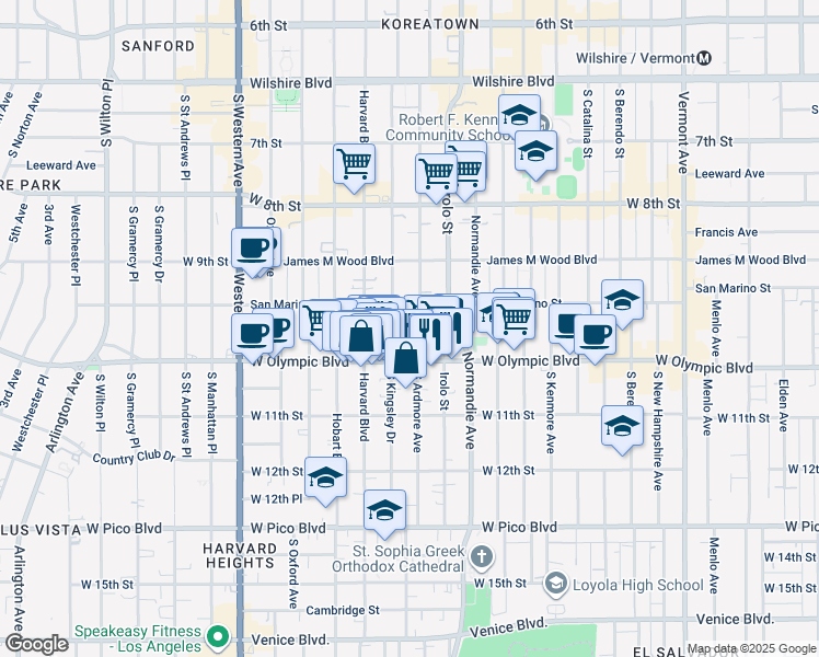 map of restaurants, bars, coffee shops, grocery stores, and more near 987 3/4 South Ardmore Avenue in Los Angeles