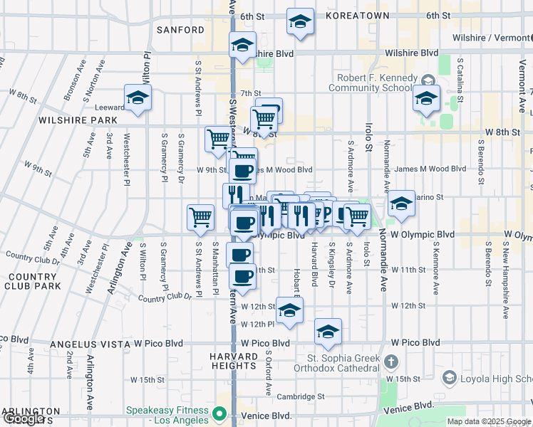 map of restaurants, bars, coffee shops, grocery stores, and more near 989 South Serrano Avenue in Los Angeles