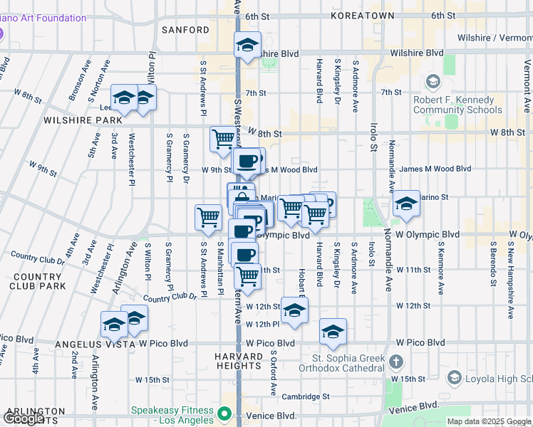 map of restaurants, bars, coffee shops, grocery stores, and more near 985 South Oxford Avenue in Los Angeles