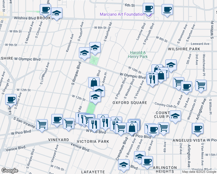 map of restaurants, bars, coffee shops, grocery stores, and more near 1136 South Lucerne Boulevard in Los Angeles
