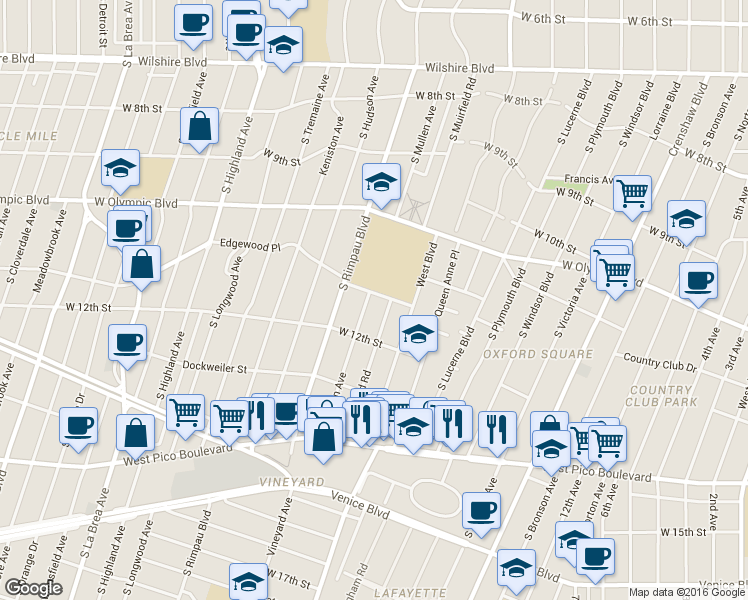 map of restaurants, bars, coffee shops, grocery stores, and more near 1173 South Muirfield Road in Los Angeles