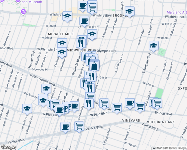 map of restaurants, bars, coffee shops, grocery stores, and more near 1213 South La Brea Avenue in Los Angeles
