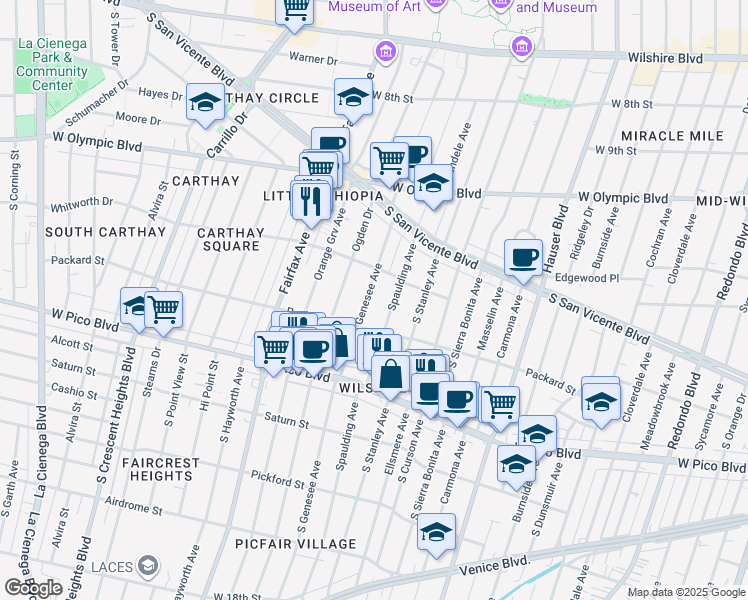 map of restaurants, bars, coffee shops, grocery stores, and more near 1248 South Genesee Avenue in Los Angeles