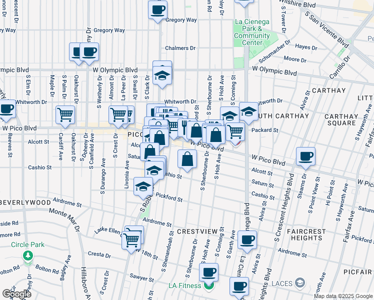 map of restaurants, bars, coffee shops, grocery stores, and more near 1442 South Shenandoah Street in Los Angeles