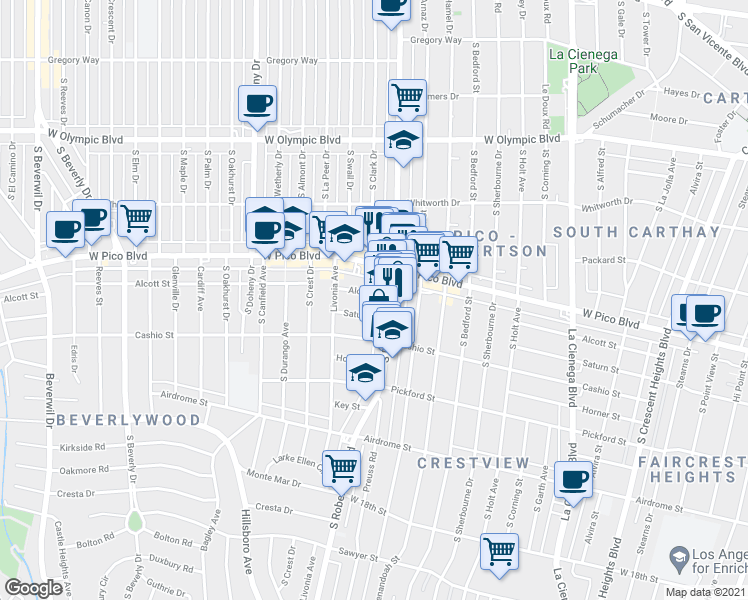 map of restaurants, bars, coffee shops, grocery stores, and more near 8816 Saturn Street in Los Angeles