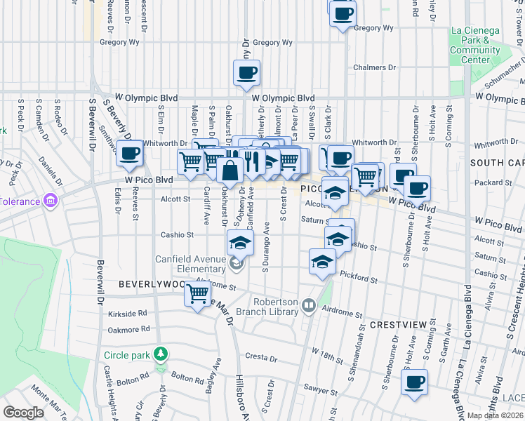 map of restaurants, bars, coffee shops, grocery stores, and more near 1474 South Canfield Avenue in Los Angeles