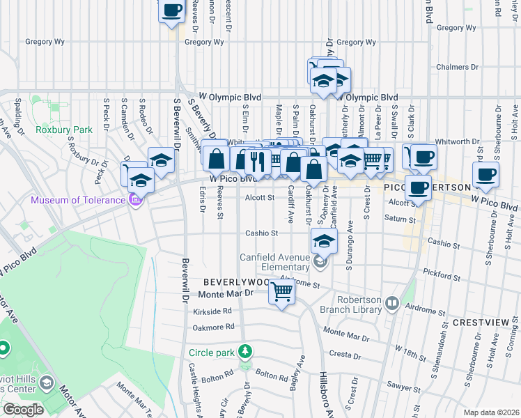 map of restaurants, bars, coffee shops, grocery stores, and more near 1477 Glenville Drive in Los Angeles