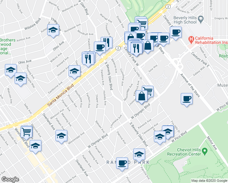 map of restaurants, bars, coffee shops, grocery stores, and more near 2024 South Beverly Glen Boulevard in Los Angeles