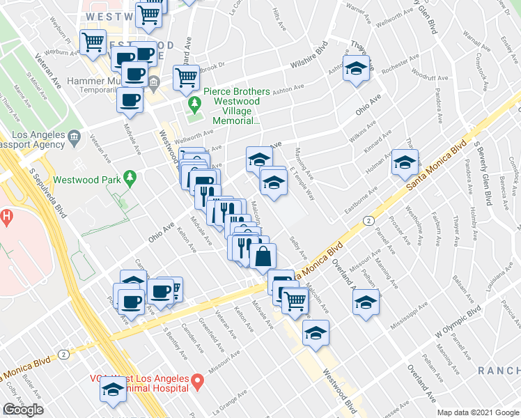 map of restaurants, bars, coffee shops, grocery stores, and more near 1646 Malcolm Avenue in Los Angeles