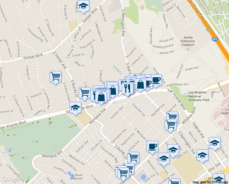 map of restaurants, bars, coffee shops, grocery stores, and more near 11911 Montana Avenue in Los Angeles