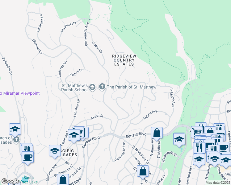 map of restaurants, bars, coffee shops, grocery stores, and more near 1112 Las Pulgas Road in Los Angeles