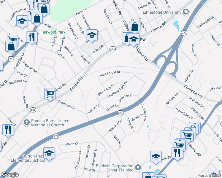 map of restaurants, bars, coffee shops, grocery stores, and more near 4000 Highland Park Drive in Columbia