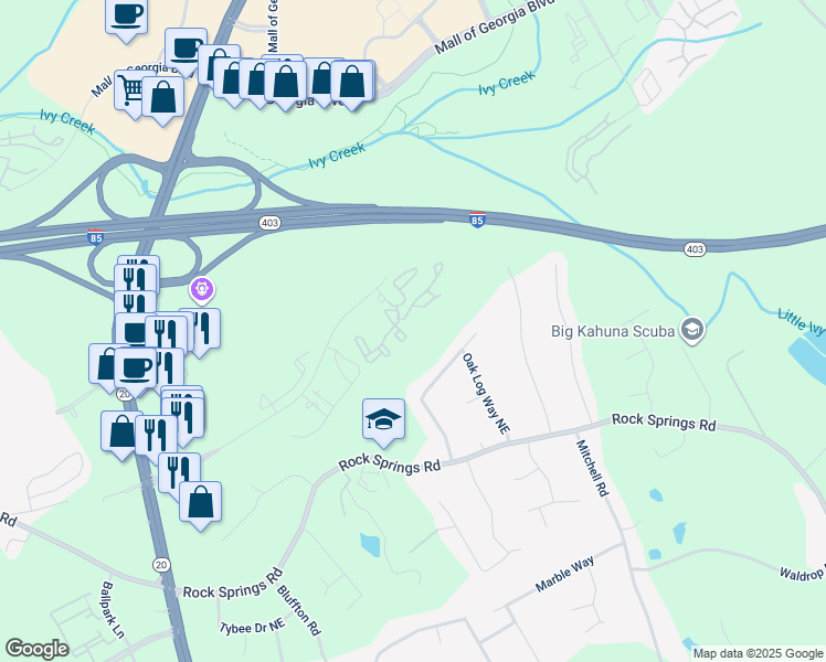 map of restaurants, bars, coffee shops, grocery stores, and more near 2770 Pine Log Way in Buford