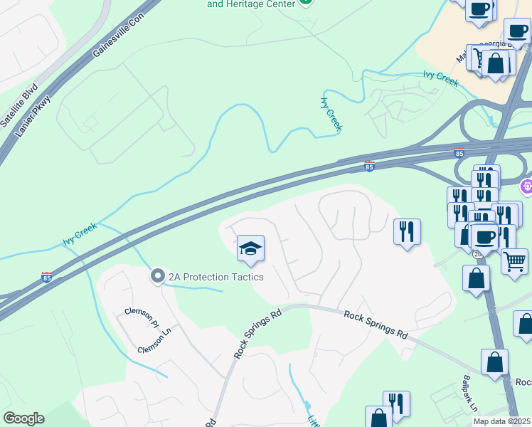 map of restaurants, bars, coffee shops, grocery stores, and more near 3287 Baymount Way in Lawrenceville