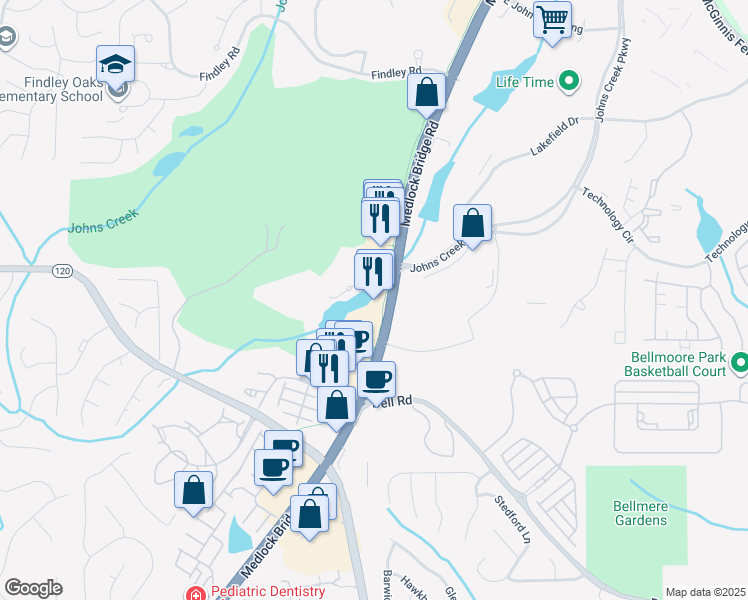 map of restaurants, bars, coffee shops, grocery stores, and more near 11132 Johns Creek Parkway in Johns Creek
