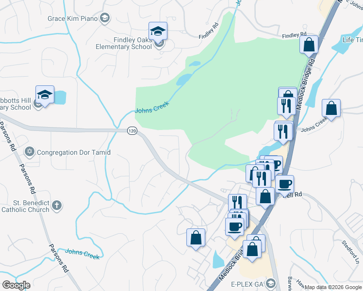 map of restaurants, bars, coffee shops, grocery stores, and more near 11215 Abbotts Station Drive in Duluth