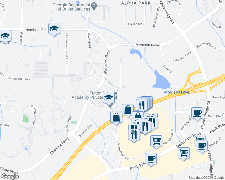 map of restaurants, bars, coffee shops, grocery stores, and more near 100 Duval Drive in Alpharetta