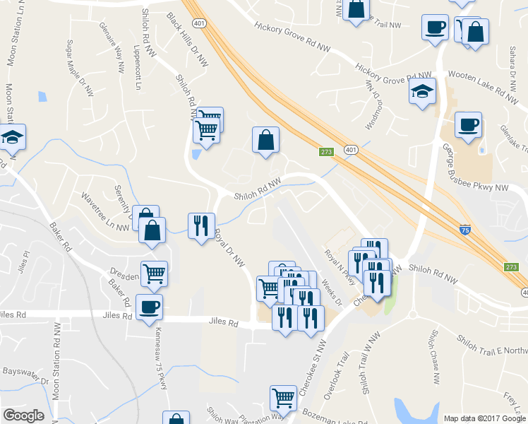 map of restaurants, bars, coffee shops, grocery stores, and more near 4174 Royal Regency Circle in Kennesaw