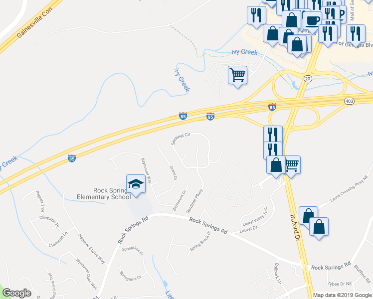 map of restaurants, bars, coffee shops, grocery stores, and more near 969 Sentry Court in Lawrenceville