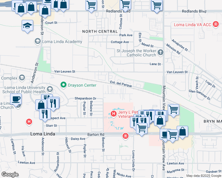 map of restaurants, bars, coffee shops, grocery stores, and more near 25322 Cole Street in Loma Linda