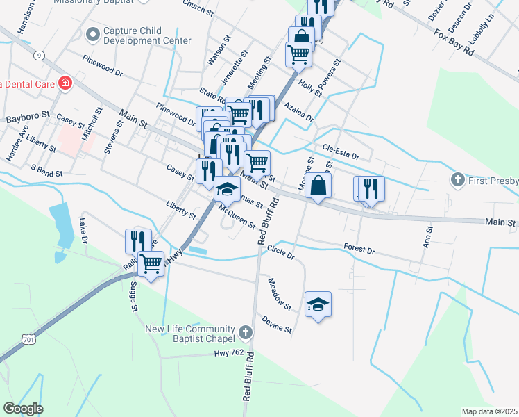 map of restaurants, bars, coffee shops, grocery stores, and more near 3806 Bryant Street in Loris