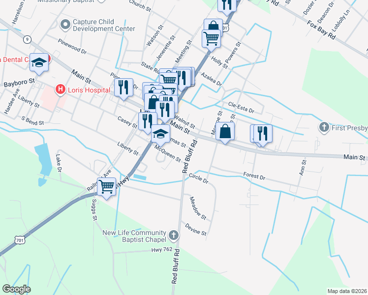 map of restaurants, bars, coffee shops, grocery stores, and more near 3806 Bryant Street in Loris