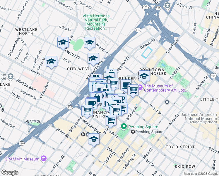 map of restaurants, bars, coffee shops, grocery stores, and more near 350 South Figueroa Street in Los Angeles