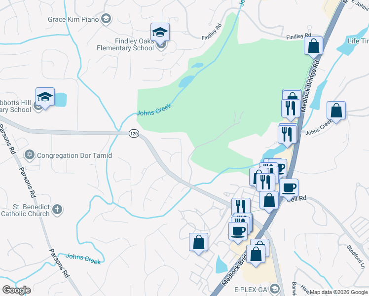 map of restaurants, bars, coffee shops, grocery stores, and more near 11215 Abbotts Station Drive in Duluth