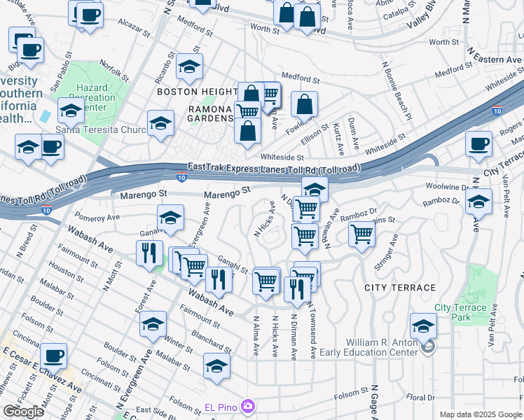map of restaurants, bars, coffee shops, grocery stores, and more near 3273 Story Street in Los Angeles