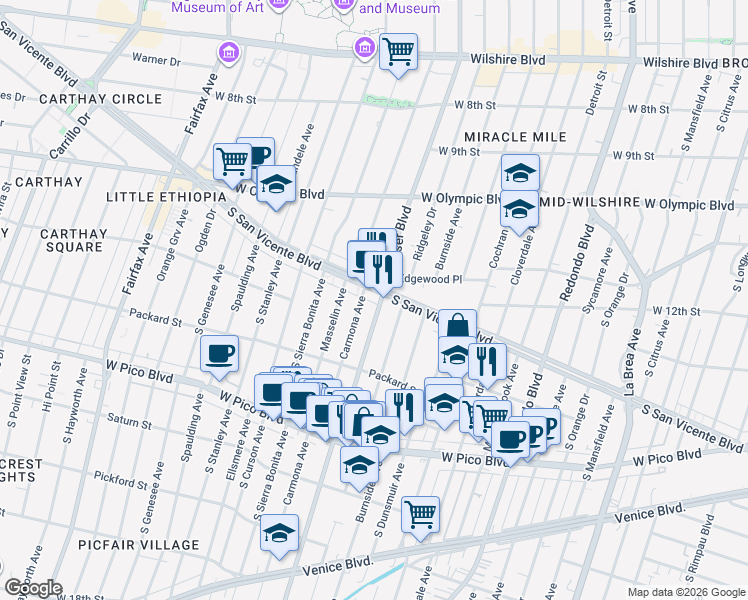 map of restaurants, bars, coffee shops, grocery stores, and more near 1229 South Ridgeley Drive in Los Angeles