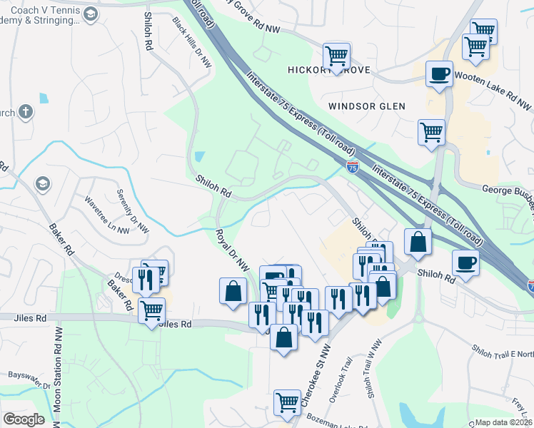 map of restaurants, bars, coffee shops, grocery stores, and more near 4174 Royal Regency Circle in Kennesaw