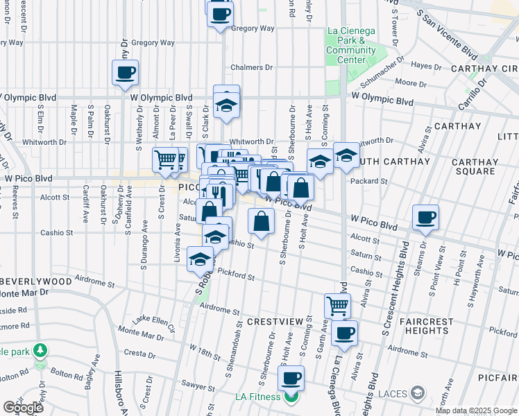map of restaurants, bars, coffee shops, grocery stores, and more near 1414 South Shenandoah Street in Los Angeles