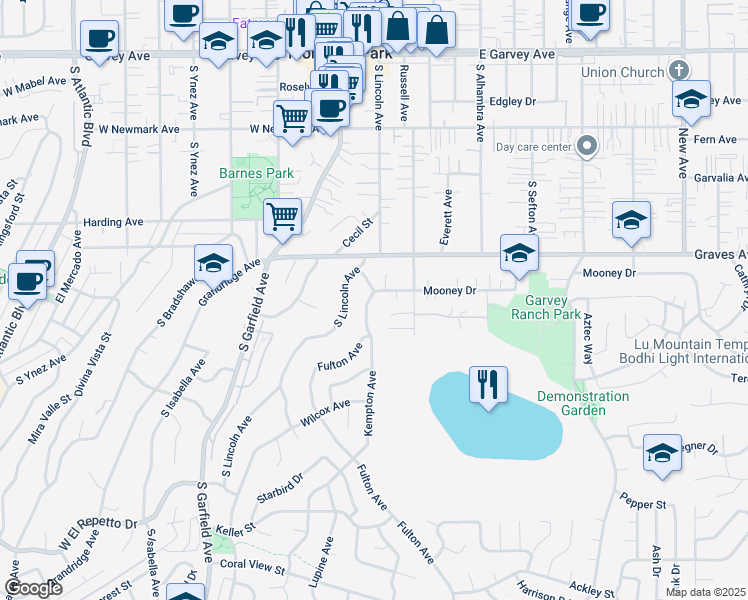 map of restaurants, bars, coffee shops, grocery stores, and more near 662 Kempton Avenue in Monterey Park