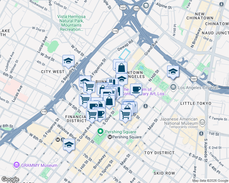 map of restaurants, bars, coffee shops, grocery stores, and more near 251 South Olive Street in Los Angeles