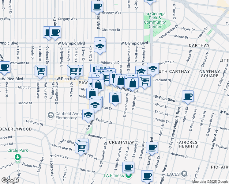 map of restaurants, bars, coffee shops, grocery stores, and more near 1414 South Shenandoah Street in Los Angeles