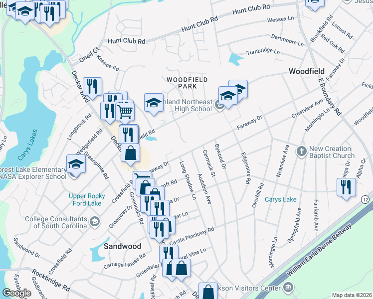 map of restaurants, bars, coffee shops, grocery stores, and more near 1213 Faraway Drive in Columbia
