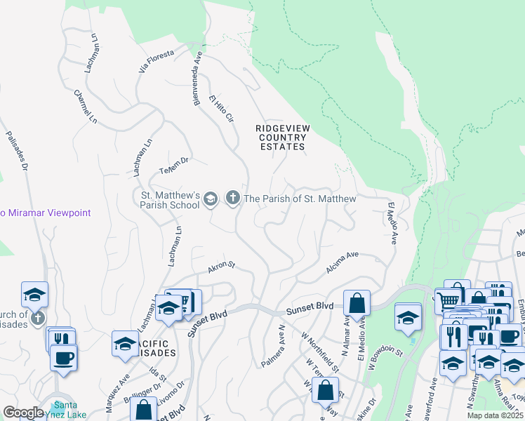 map of restaurants, bars, coffee shops, grocery stores, and more near 1112 Las Pulgas Road in Los Angeles