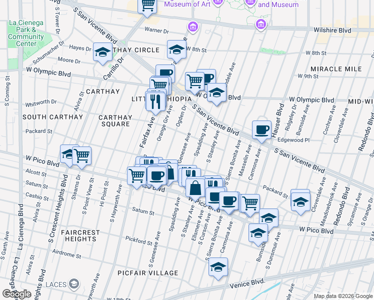 map of restaurants, bars, coffee shops, grocery stores, and more near 1248 South Genesee Avenue in Los Angeles