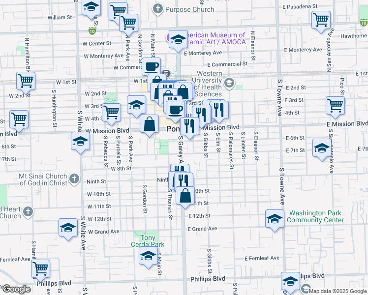 map of restaurants, bars, coffee shops, grocery stores, and more near 100 West 7th Street in Pomona