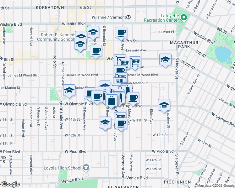 map of restaurants, bars, coffee shops, grocery stores, and more near in Los Angeles